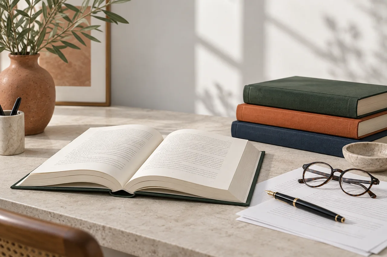 Libro abierto, gafas y pruebas de lectura en una mesa editorial