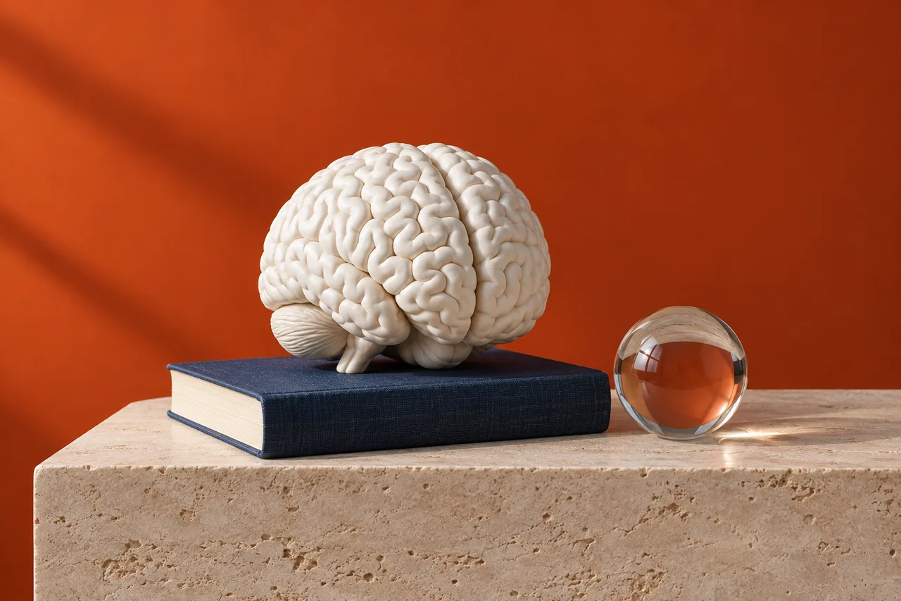 Modelo cerámico de cerebro sobre un libro azul junto a una esfera de cristal