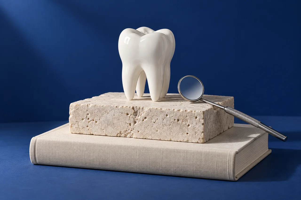 Modelo de molar y espejo dental sobre un libro, con fondo azul