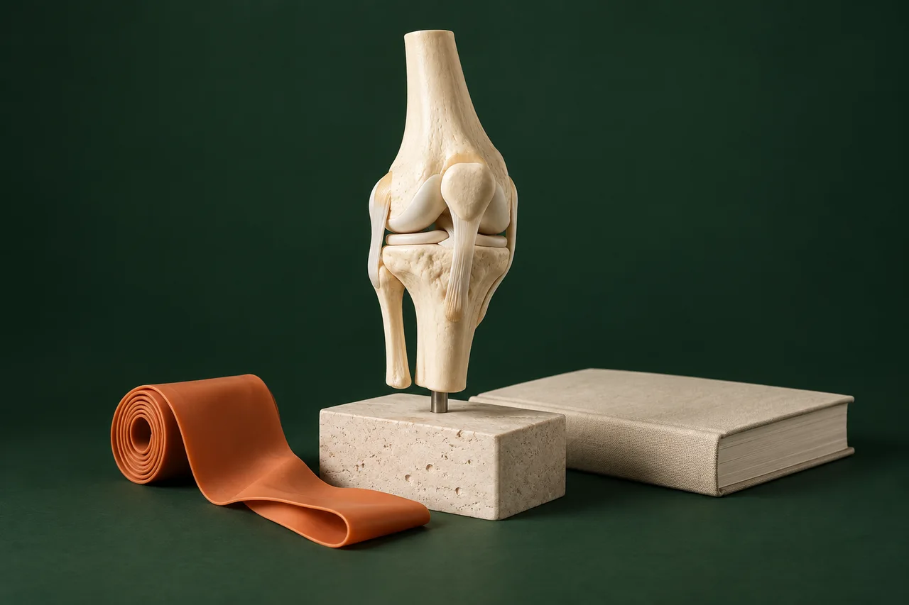 Modelo de rodilla sobre piedra junto a una banda elástica naranja y un libro